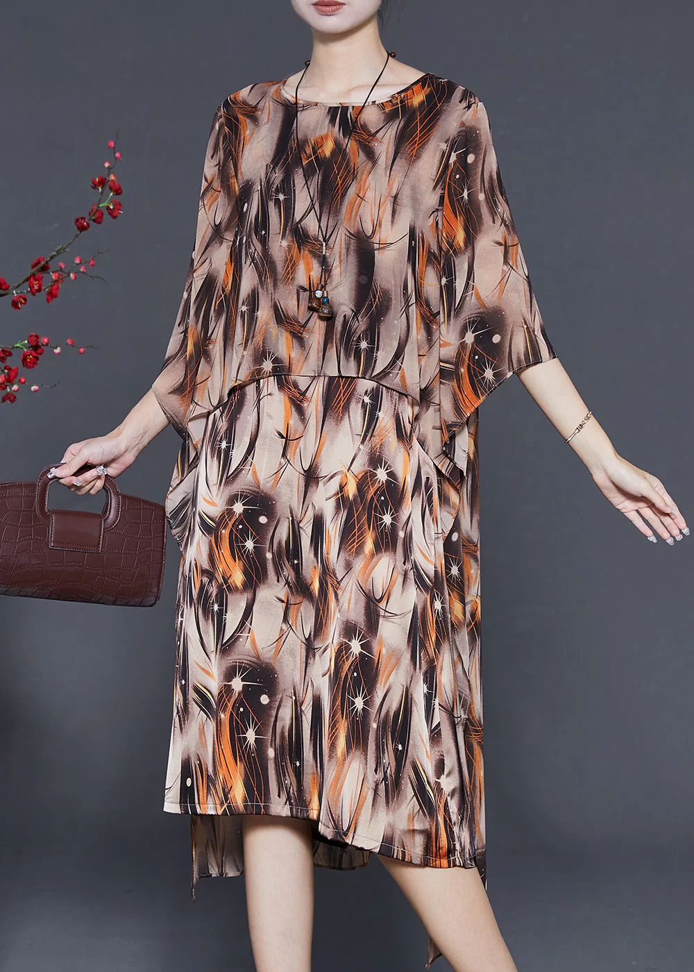 Vintage Khaki Oversized Print Chiffon Vacation Dresses Summer - Image 3