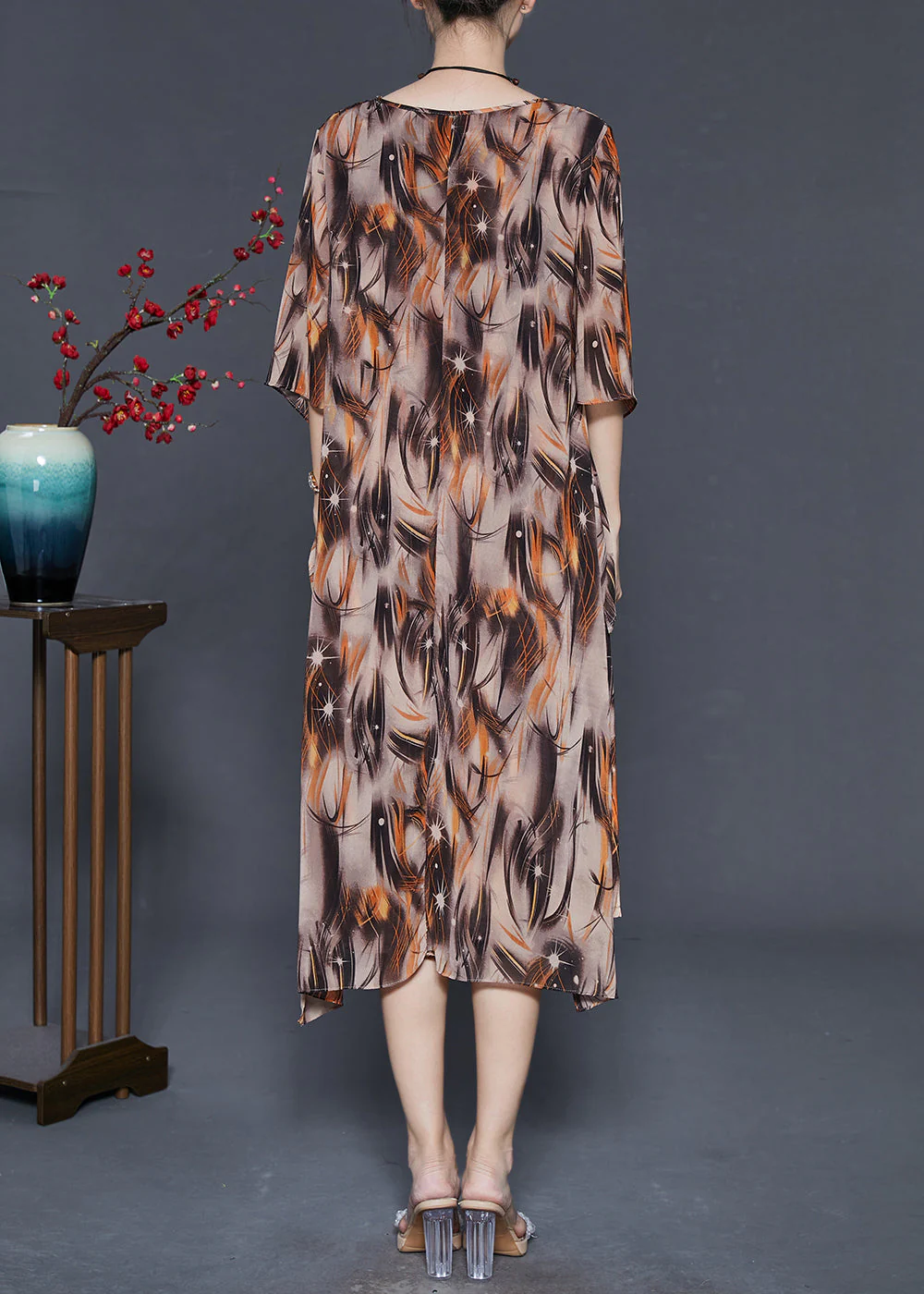 Vintage Khaki Oversized Print Chiffon Vacation Dresses Summer - Image 4