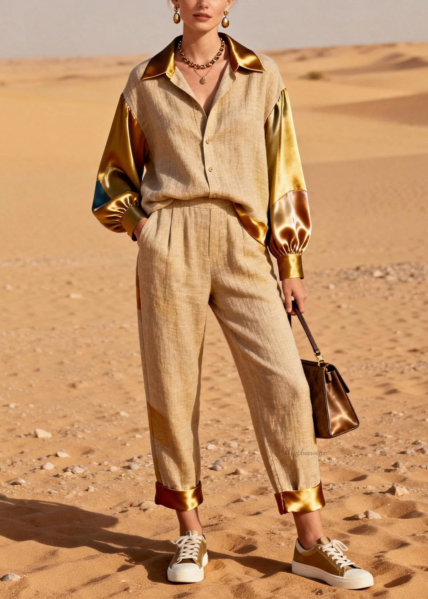 Vintage Khaki Peter Pan Collar Shirts And Crop Pants Silk Patchwork Two Pieces Set - Image 3