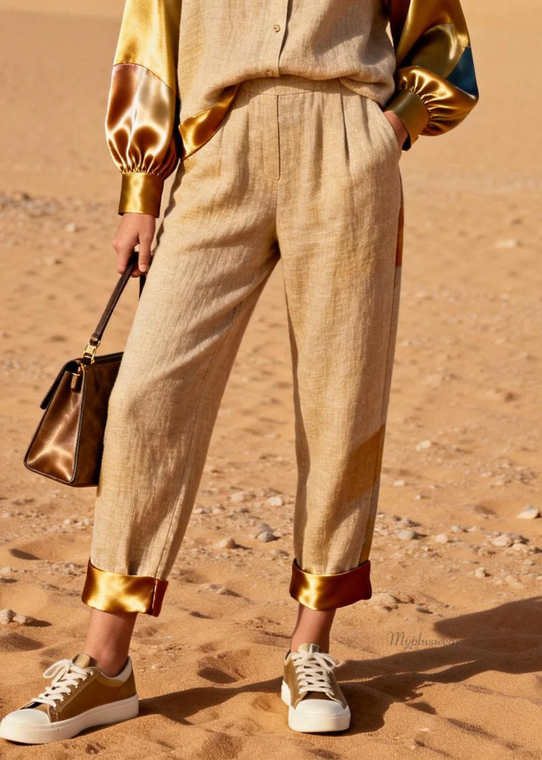 Vintage Khaki Peter Pan Collar Shirts And Crop Pants Silk Patchwork Two Pieces Set - Image 4