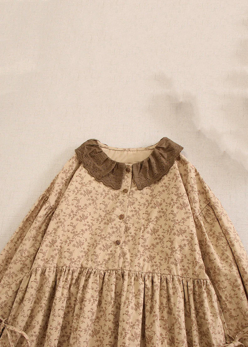 Vintage Khaki Print Lace Up Cotton Long Dresses Long Sleeve - Image 2