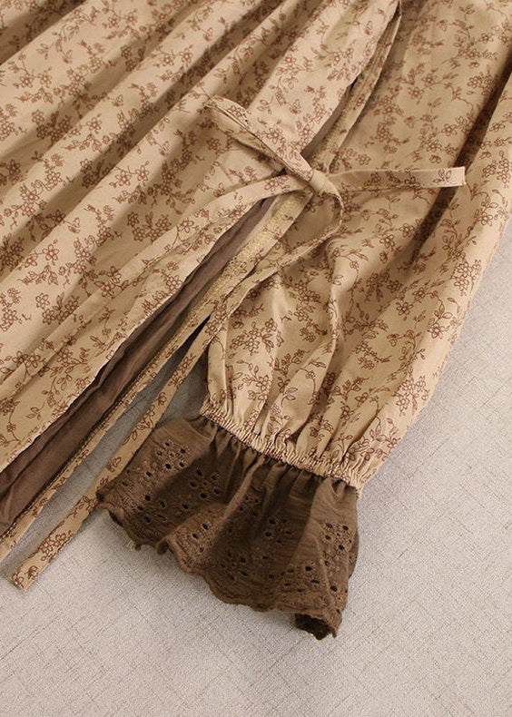 Vintage Khaki Print Lace Up Cotton Long Dresses Long Sleeve - Image 3