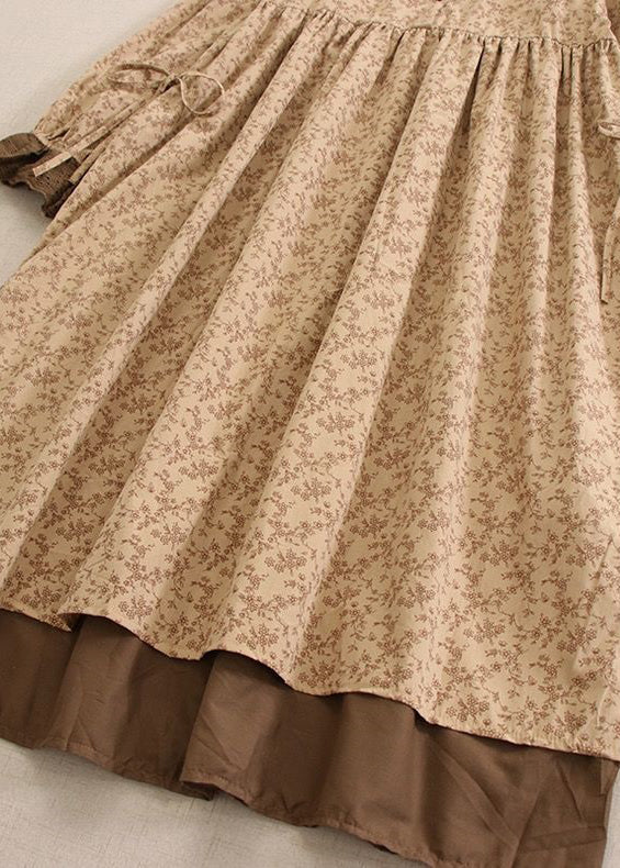 Vintage Khaki Print Lace Up Cotton Long Dresses Long Sleeve - Image 4