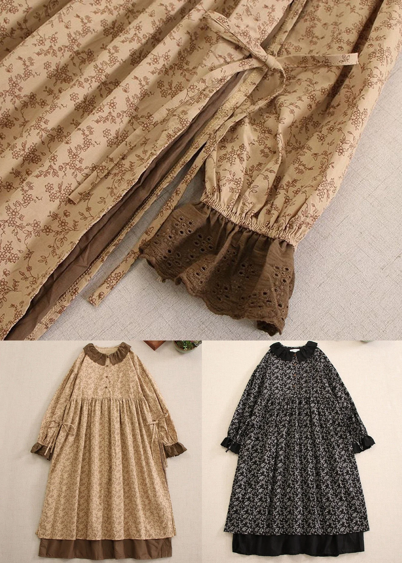 Vintage Khaki Print Lace Up Cotton Long Dresses Long Sleeve - Image 5