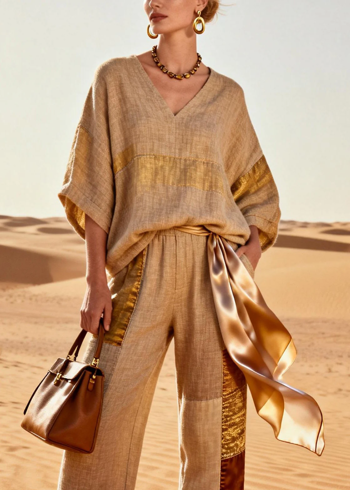 Vintage Khaki V Neck Tops And Crop Pants Patchwork Silk Linen Two Pieces Set Batwing Sleeve - Image 2