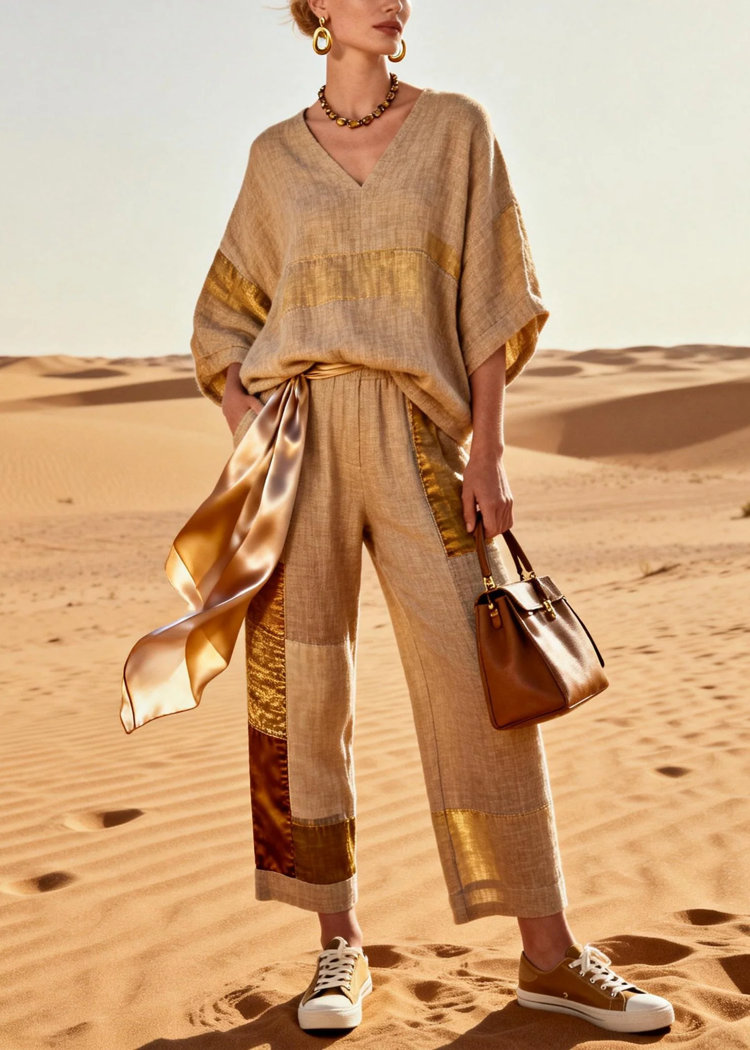 Vintage Khaki V Neck Tops And Crop Pants Patchwork Silk Linen Two Pieces Set Batwing Sleeve - Image 3