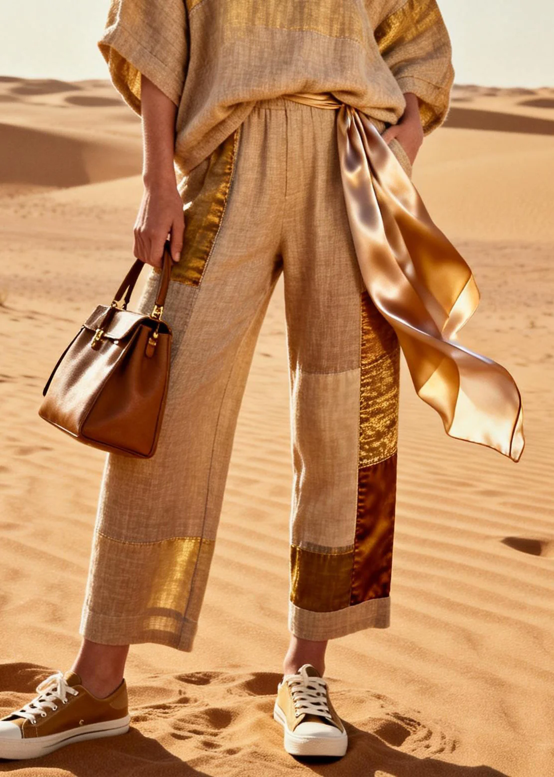 Vintage Khaki V Neck Tops And Crop Pants Patchwork Silk Linen Two Pieces Set Batwing Sleeve - Image 4