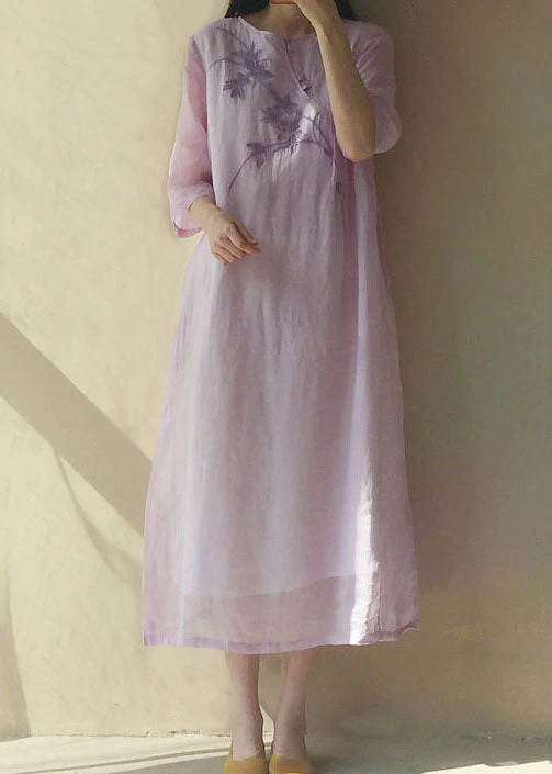 Vintage light Purple O Neck Embroideried Patchwork Cotton Dress Summer - Image 2