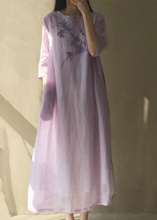 Vintage light Purple O Neck Embroideried Patchwork Cotton Dress Summer - Image 3
