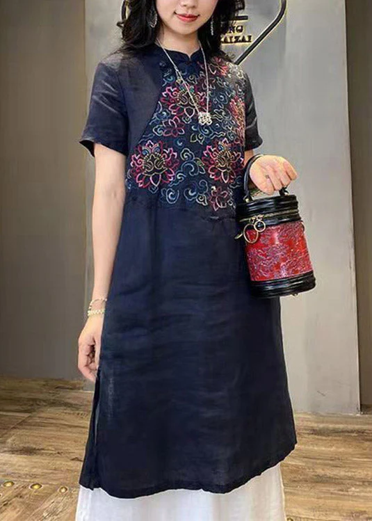 Vintage Mulberry Stand Collar Embroideried Linen Long Dress Short Sleeve - Image 2