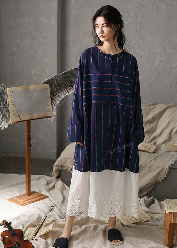 Vintage Navy Blue O-Neck Striped Patchwork Cozy Cotton Long Dress Long Sleeve - Image 2