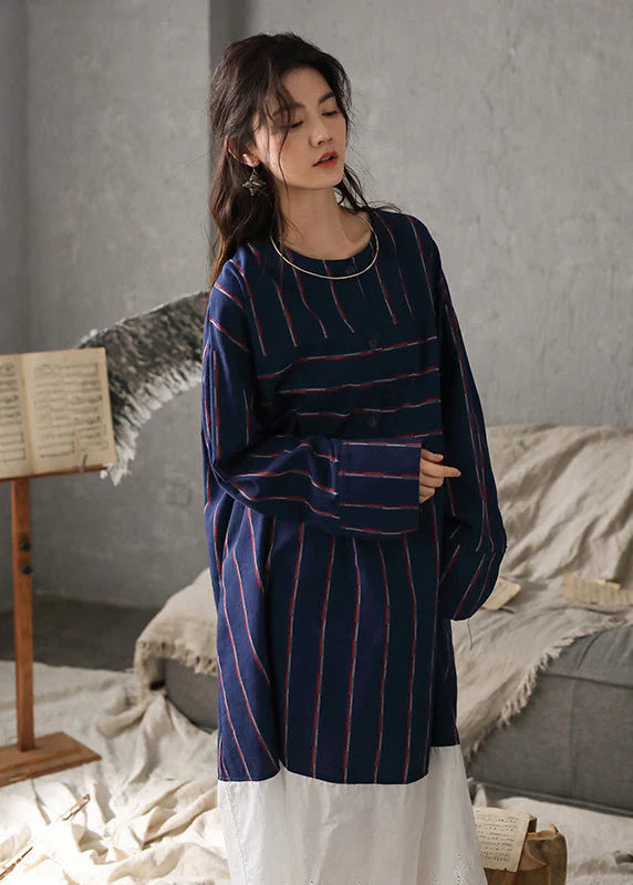 Vintage Navy Blue O-Neck Striped Patchwork Cozy Cotton Long Dress Long Sleeve - Image 3