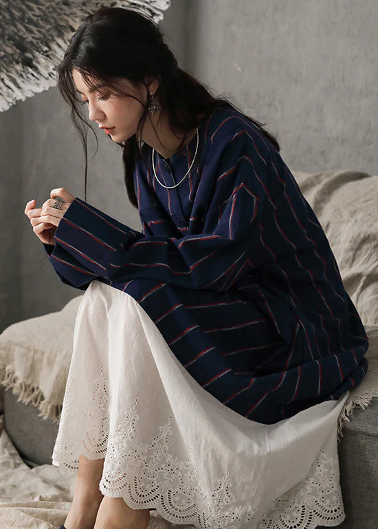 Vintage Navy Blue O-Neck Striped Patchwork Cozy Cotton Long Dress Long Sleeve - Image 4