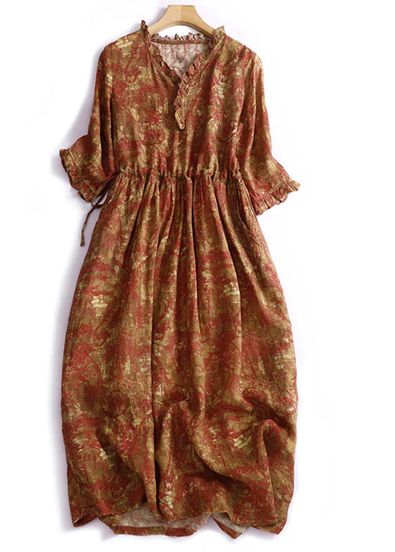 Vintage Navy Blue Ruffled Patchwork Print Drawstring Maxi Dresses Short Sleeve - Image 2