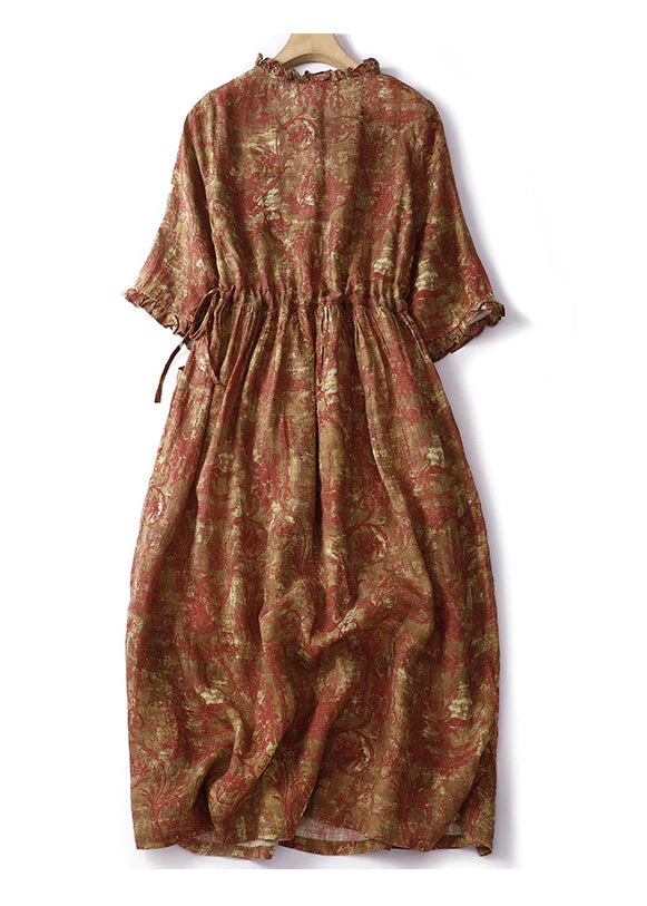 Vintage Navy Blue Ruffled Patchwork Print Drawstring Maxi Dresses Short Sleeve - Image 3