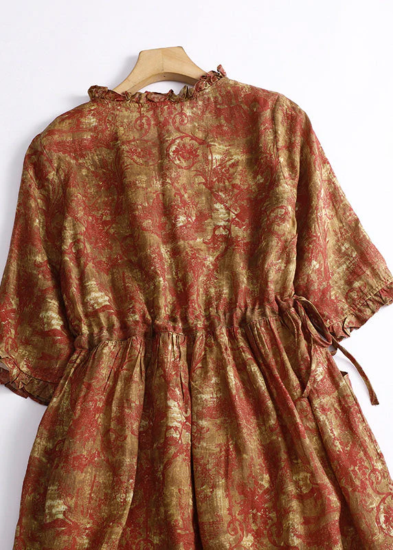 Vintage Navy Blue Ruffled Patchwork Print Drawstring Maxi Dresses Short Sleeve - Image 4