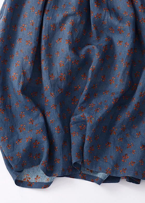 Vintage Navy Blue Ruffled Patchwork Print Drawstring Maxi Dresses Short Sleeve - Image 5