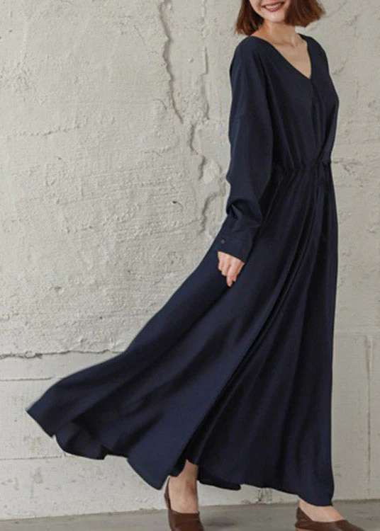 Vintage Navy Cinched V Neck Cinched Cotton Maxi Dresses Fall - Image 2