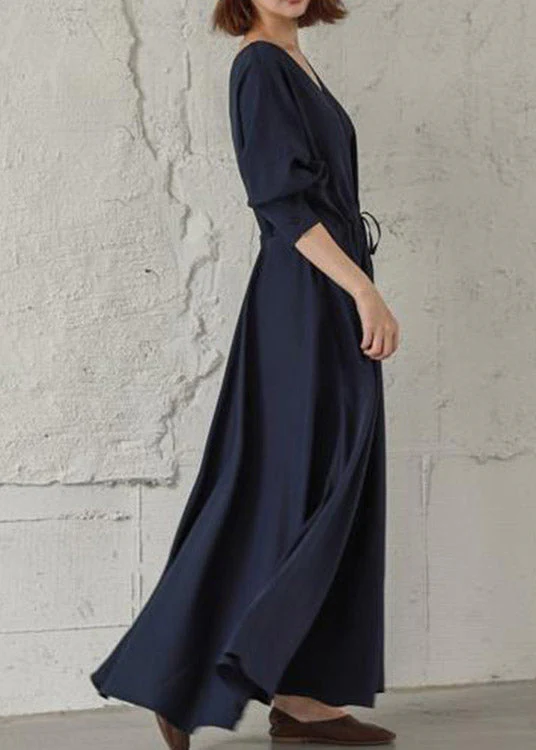 Vintage Navy Cinched V Neck Cinched Cotton Maxi Dresses Fall - Image 3