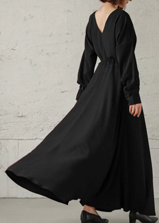 Vintage Navy Cinched V Neck Cinched Cotton Maxi Dresses Fall - Image 4
