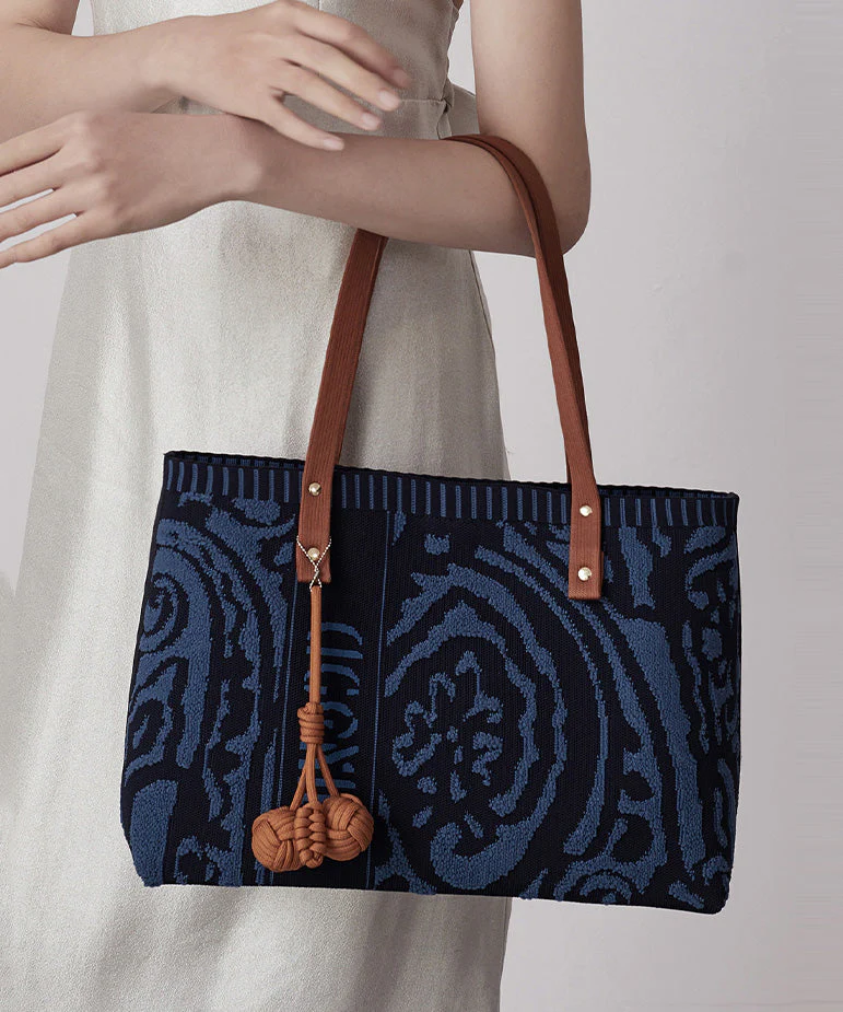 Vintage Navy Jacquard Large Capacity Cotton Satchel Handbag - Image 3