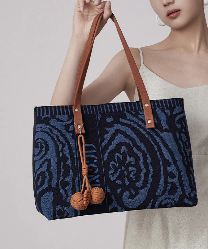 Vintage Navy Jacquard Large Capacity Cotton Satchel Handbag - Image 4