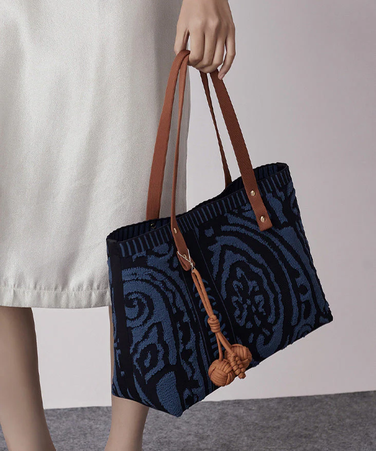 Vintage Navy Jacquard Large Capacity Cotton Satchel Handbag - Image 5