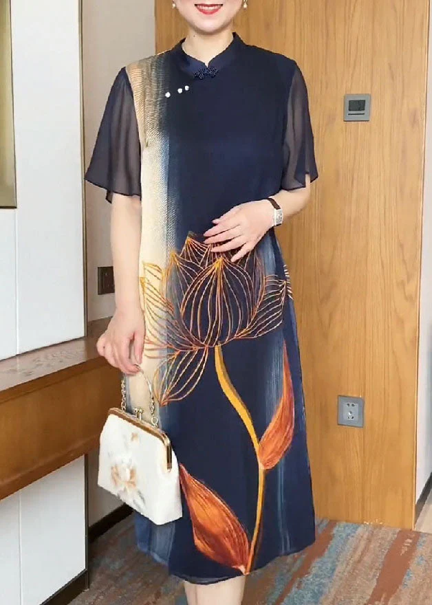 Vintage Navy Mandarin Collar Print Silk Holiday Dress Cloak Sleeves - Image 2
