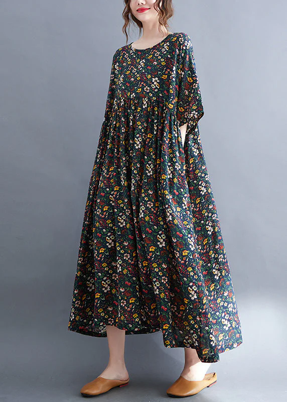 Vintage Navy O-Neck Patchwork Cotton Party Maxi Dress Summer - Image 2