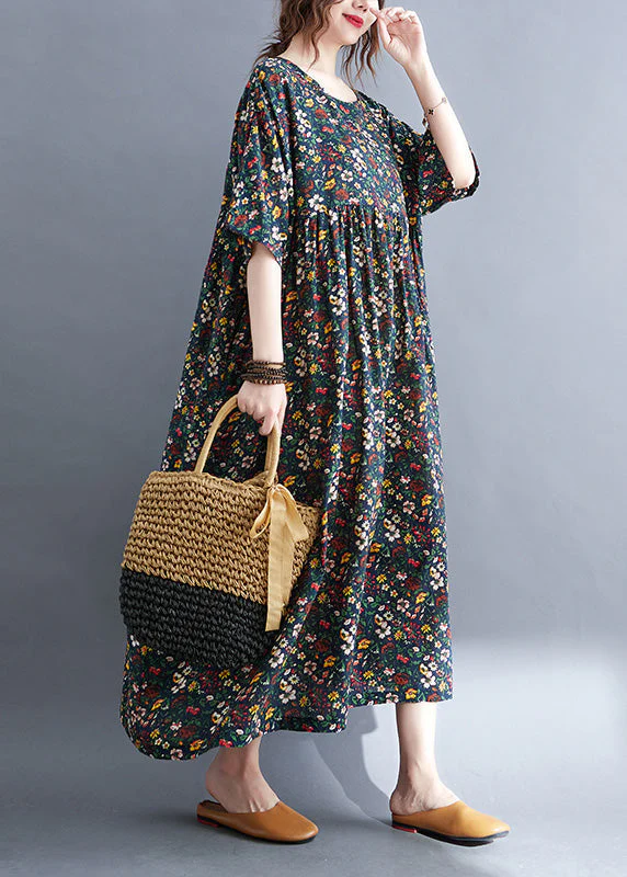Vintage Navy O-Neck Patchwork Cotton Party Maxi Dress Summer - Image 3