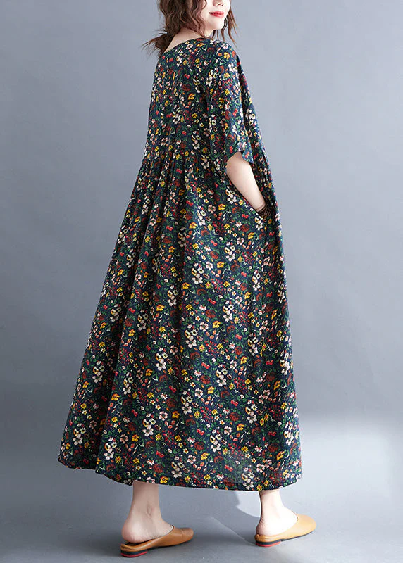 Vintage Navy O-Neck Patchwork Cotton Party Maxi Dress Summer - Image 4