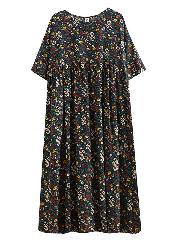 Vintage Navy O-Neck Patchwork Cotton Party Maxi Dress Summer - Image 5