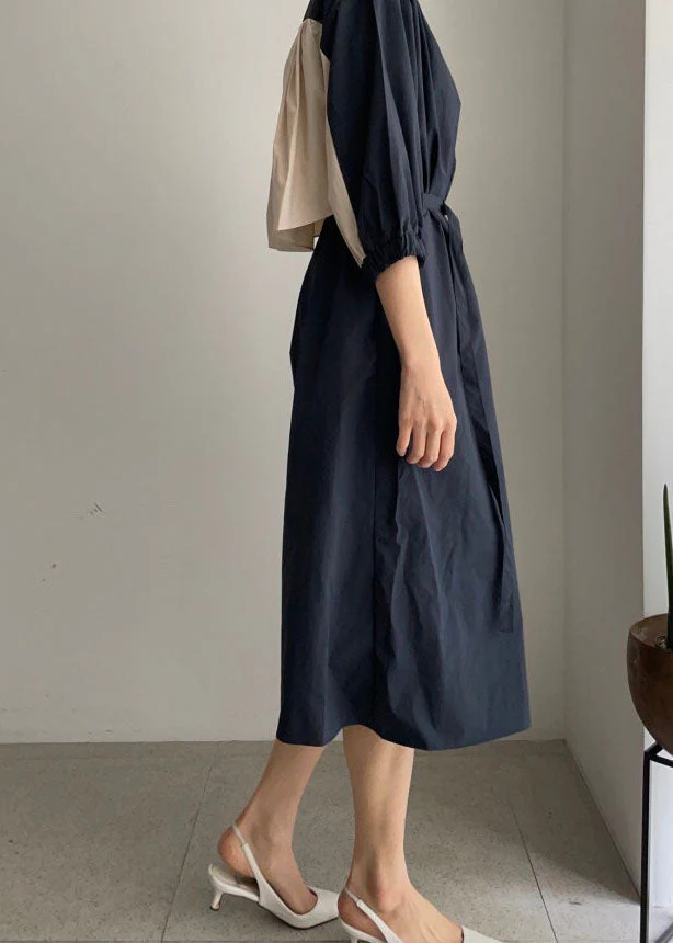 Vintage Navy O-Neck tie waist Cotton Mid Dress Half Sleeve Long Dress - Image 3