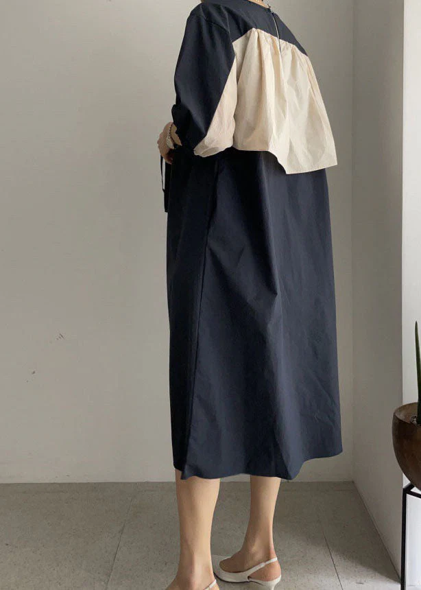 Vintage Navy O-Neck tie waist Cotton Mid Dress Half Sleeve Long Dress - Image 5