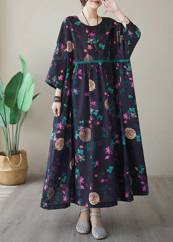 Vintage Navy Print Maxi Dresses Long Sleeve