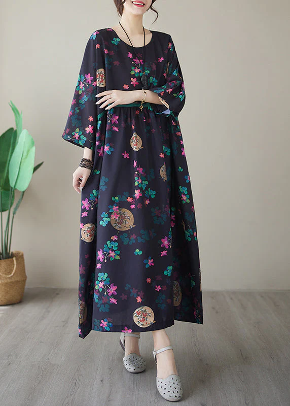 Vintage Navy Print Maxi Dresses Long Sleeve - Image 2