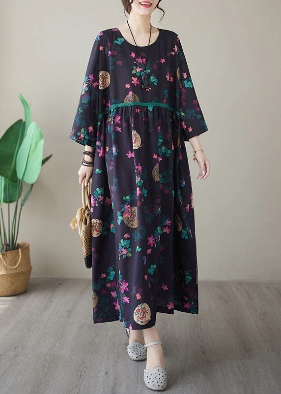 Vintage Navy Print Maxi Dresses Long Sleeve - Image 3