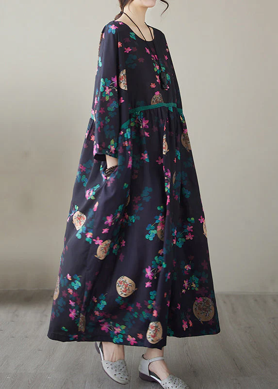 Vintage Navy Print Maxi Dresses Long Sleeve - Image 4