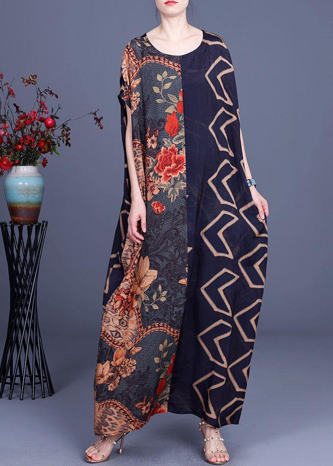 Vintage Navy Print Patchwork Batwing Sleeve Silk Long Dress Summer - Image 2