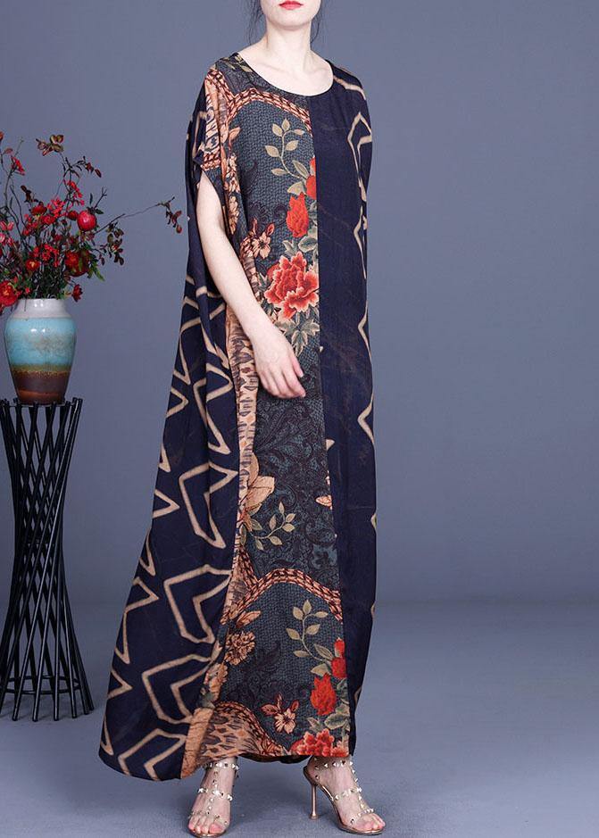 Vintage Navy Print Patchwork Batwing Sleeve Silk Long Dress Summer - Image 3