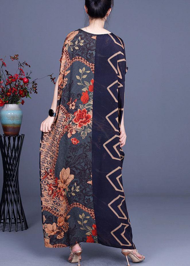 Vintage Navy Print Patchwork Batwing Sleeve Silk Long Dress Summer - Image 4