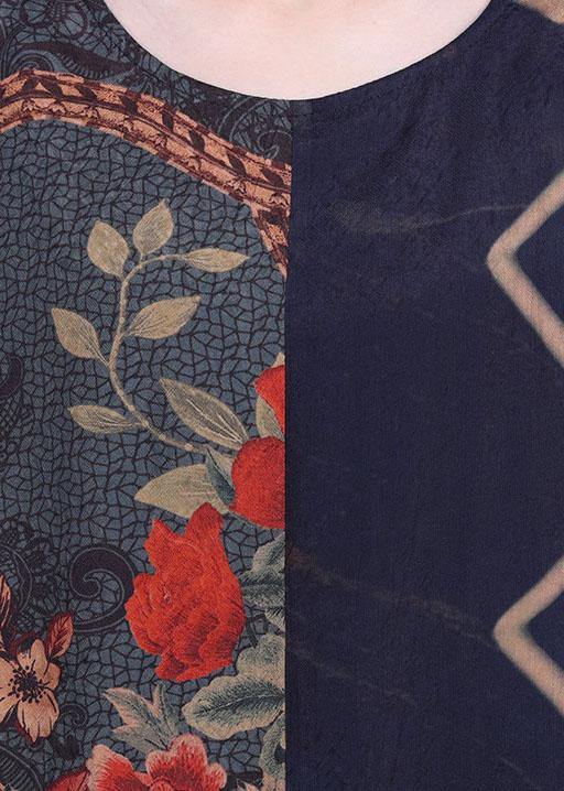 Vintage Navy Print Patchwork Batwing Sleeve Silk Long Dress Summer - Image 5