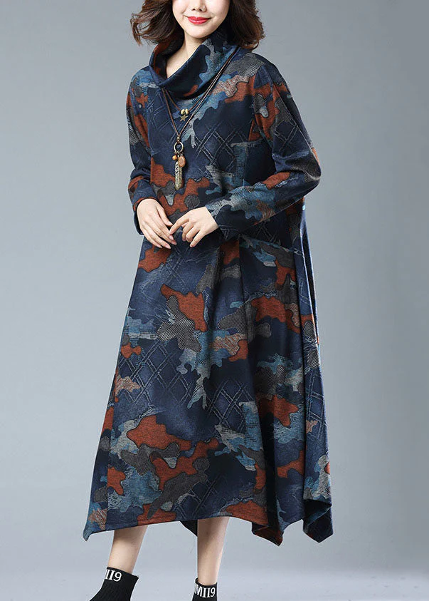 Vintage Navy Print Pockets Patchwork Cotton Long Dresses Fall - Image 2