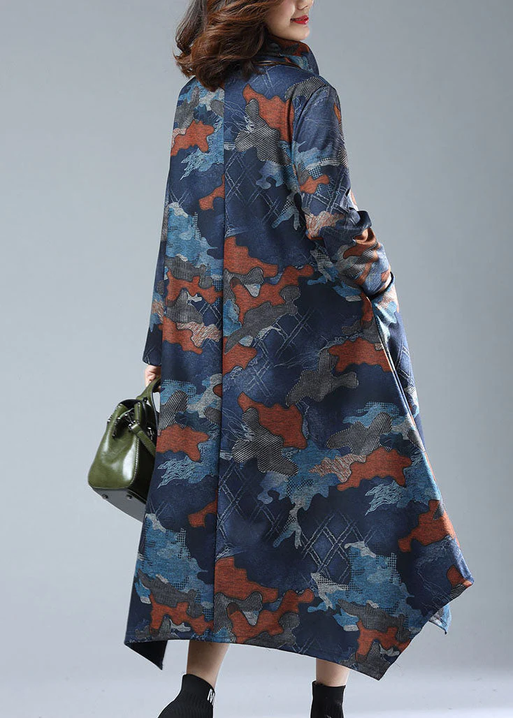 Vintage Navy Print Pockets Patchwork Cotton Long Dresses Fall - Image 3