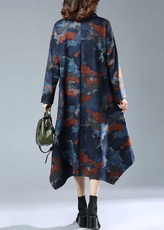 Vintage Navy Print Pockets Patchwork Cotton Long Dresses Fall - Image 4