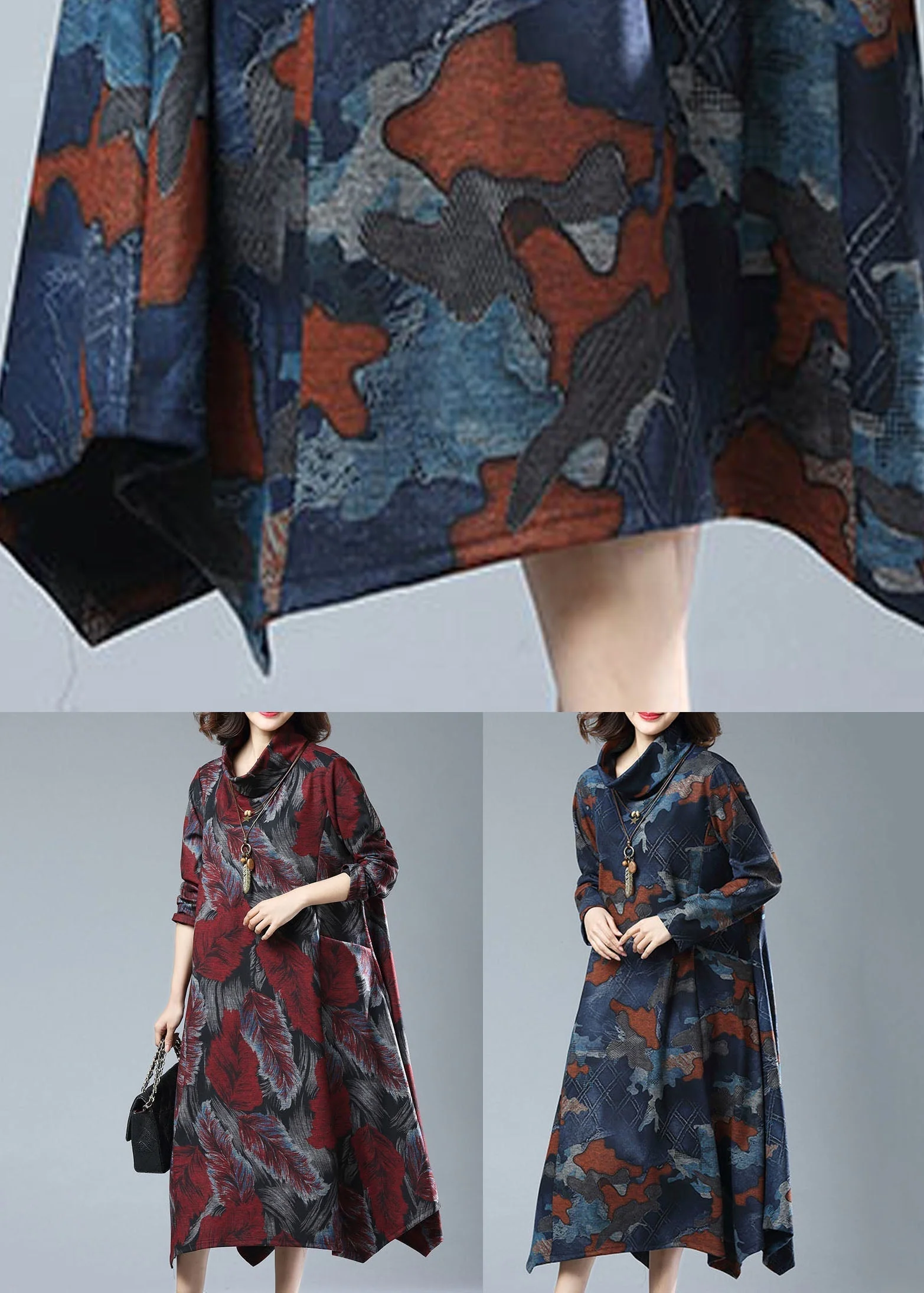 Vintage Navy Print Pockets Patchwork Cotton Long Dresses Fall - Image 5