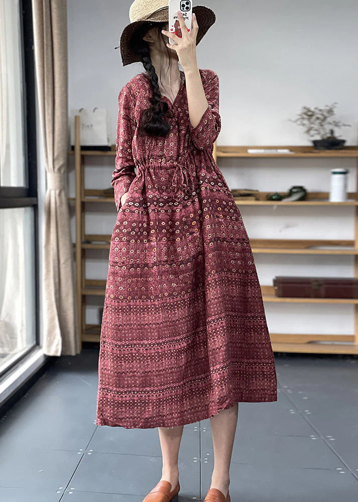 Vintage Navy V Neck Cinched Print Linen Long Dress Short Sleeve - Image 2
