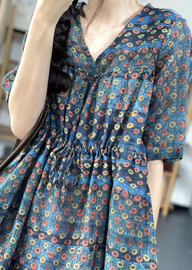 Vintage Navy V Neck Cinched Print Linen Long Dress Short Sleeve - Image 4