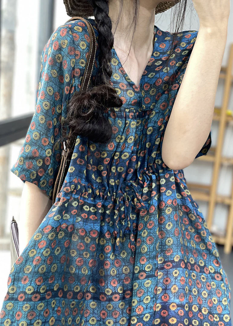 Vintage Navy V Neck Cinched Print Linen Long Dress Short Sleeve - Image 5