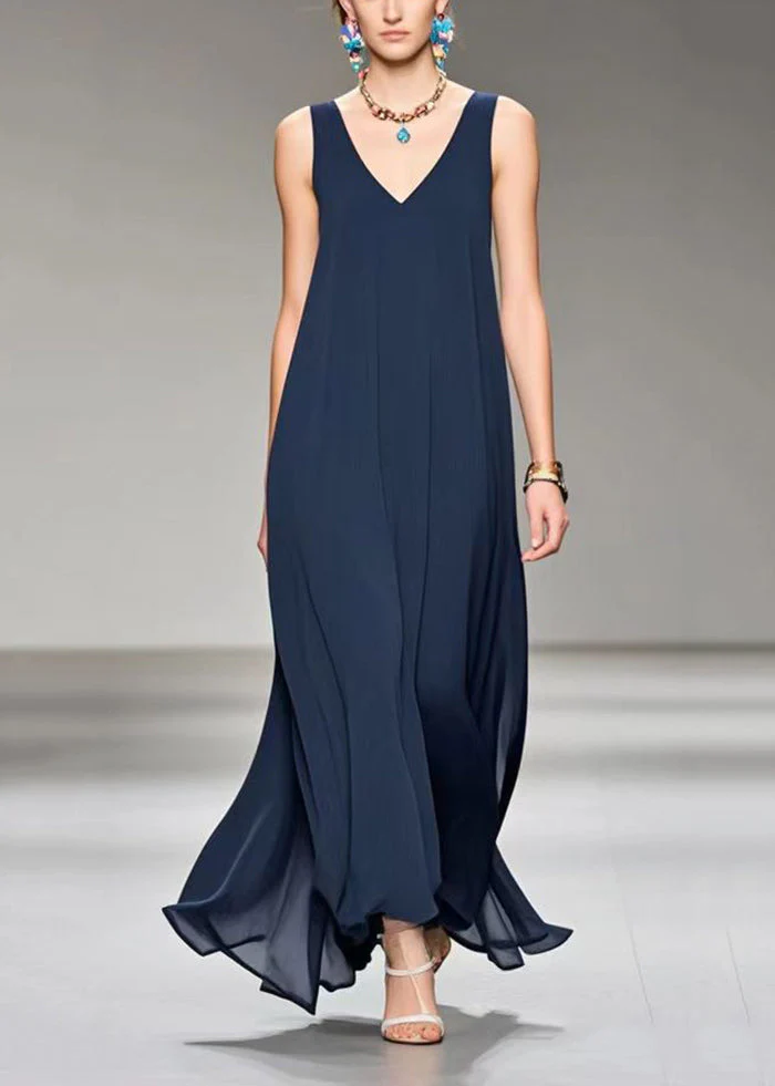 Vintage Navy V Neck Draping Chiffon Cami Dress Sleeveless - Image 5